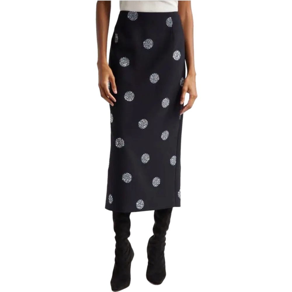 NWT $475 MSRP Cinq a’ Sept Black & Silver Multi Crystal Embellished Midi Skirt